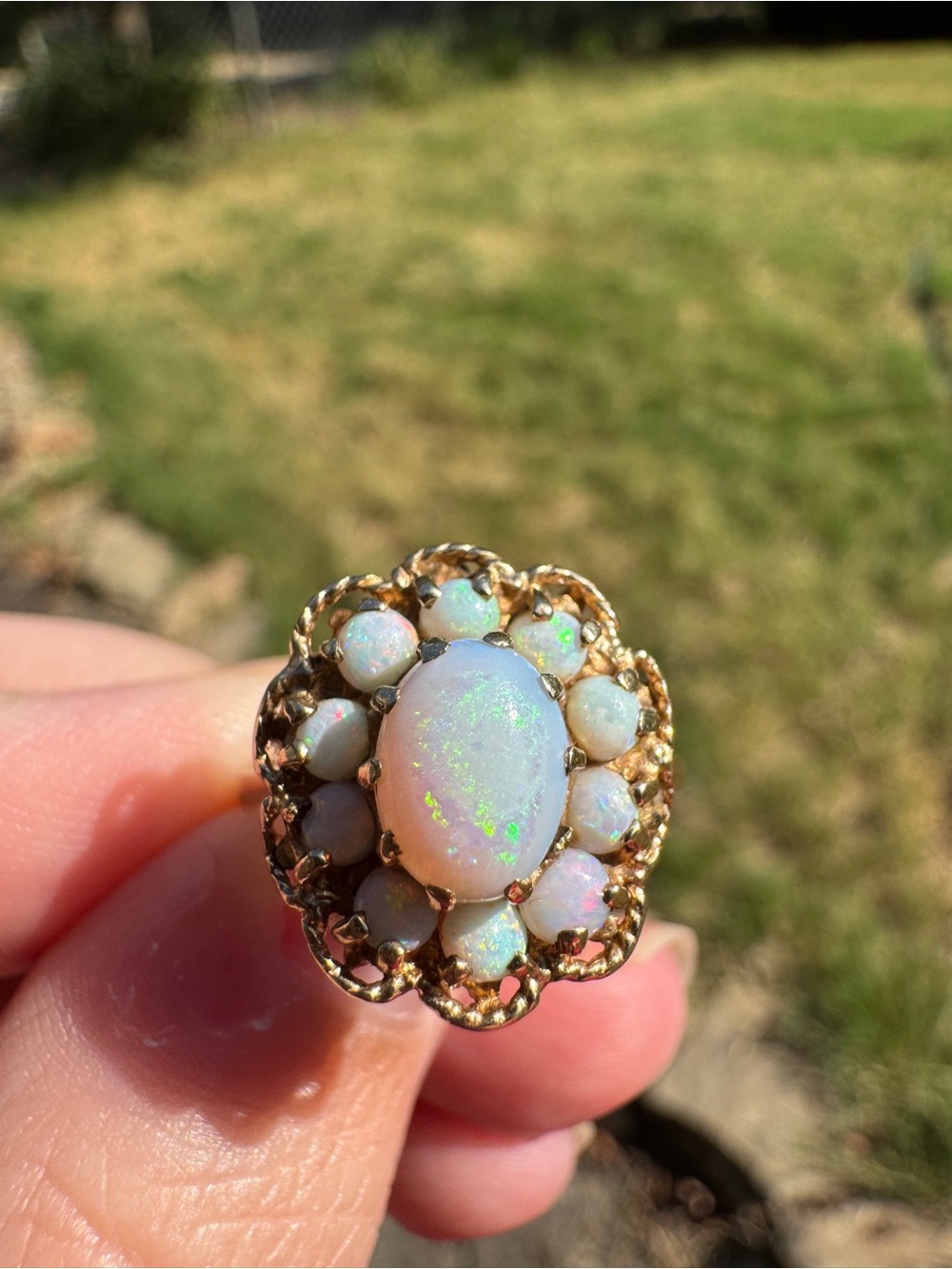 10k Gold Opal Cluster Ring - White Opal Halo
